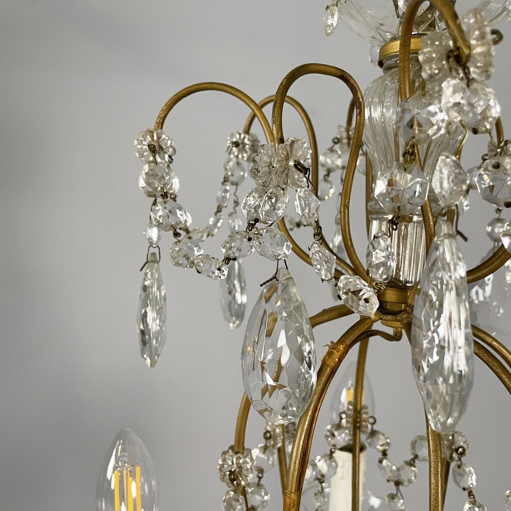 Lampadario a gocce in vetro e ottone, 1900-1950 ca.