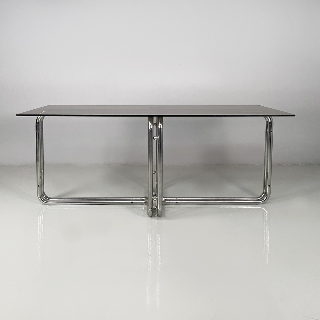 Tavolo da pranzo in vetro fumè e acciaio, 1970 ca.