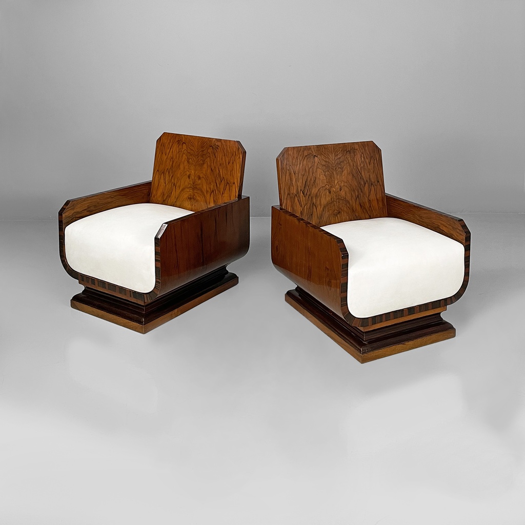 Poltrone in legno e finta pelle bianca, 1930 ca.