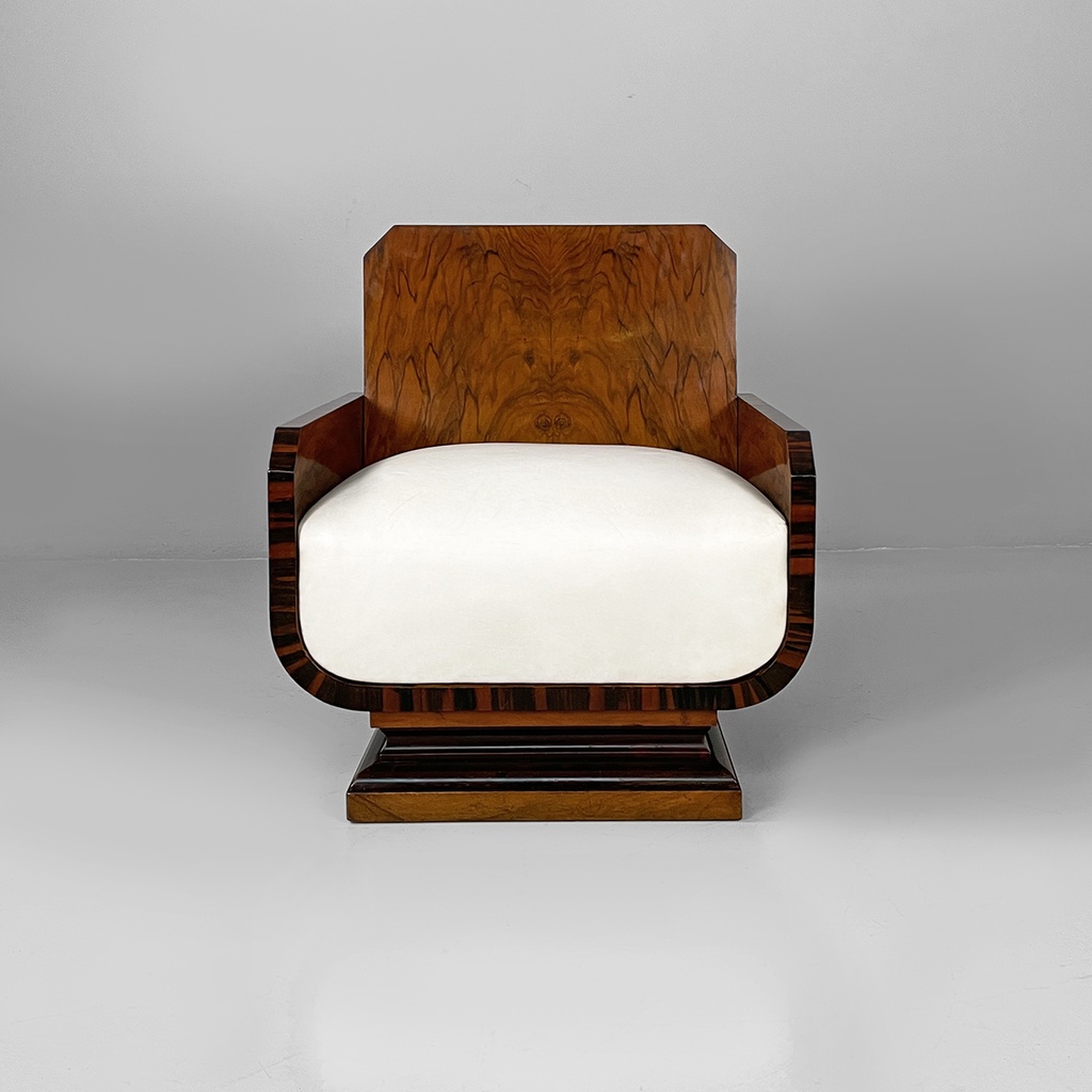 Poltrone in legno e finta pelle bianca, 1930 ca.