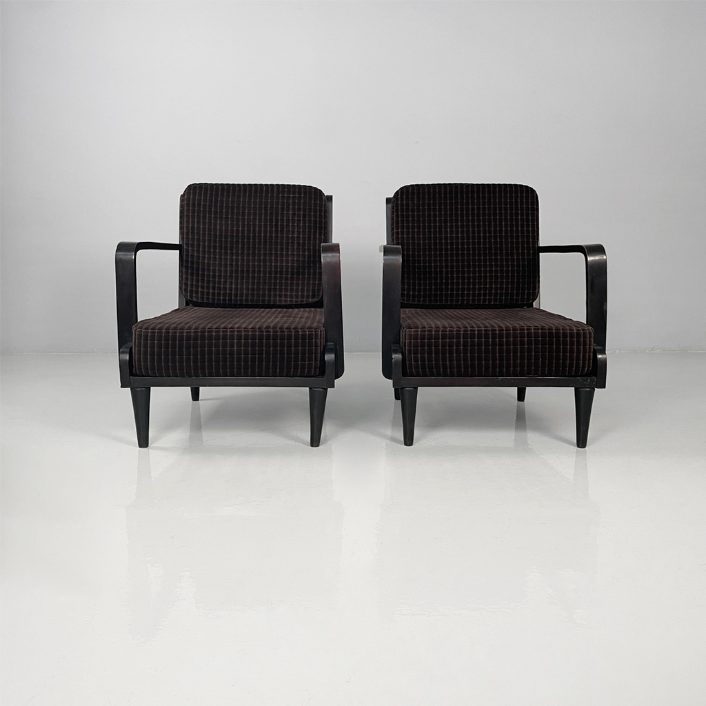 Poltrone in legno e velluto marrone, 1940 ca. 