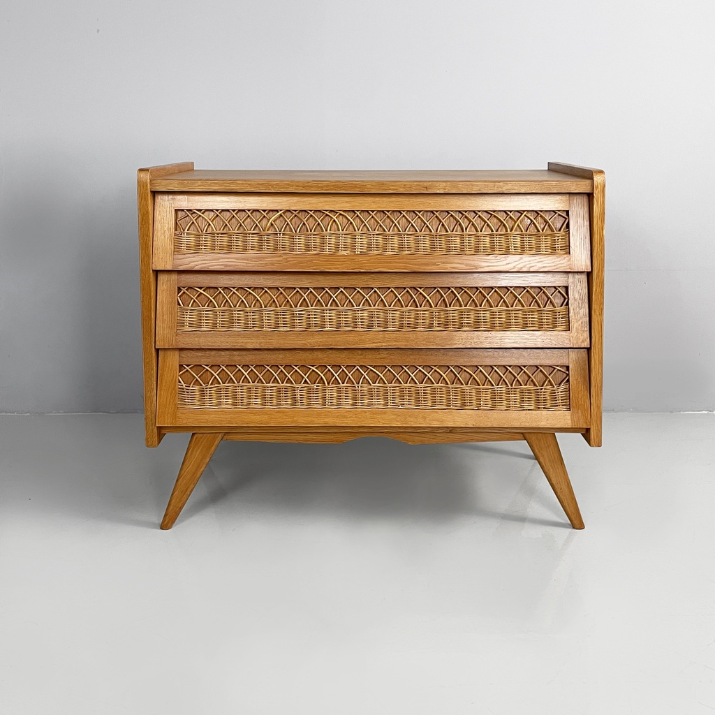 Cassettiera in legno e rattan, 1960 ca.