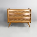 Cassettiera in legno e rattan, 1960 ca.