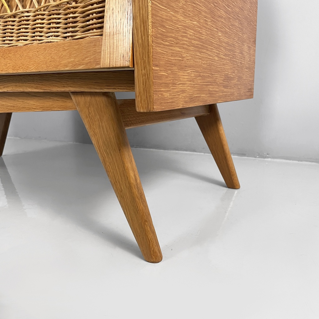 Cassettiera in legno e rattan, 1960 ca.