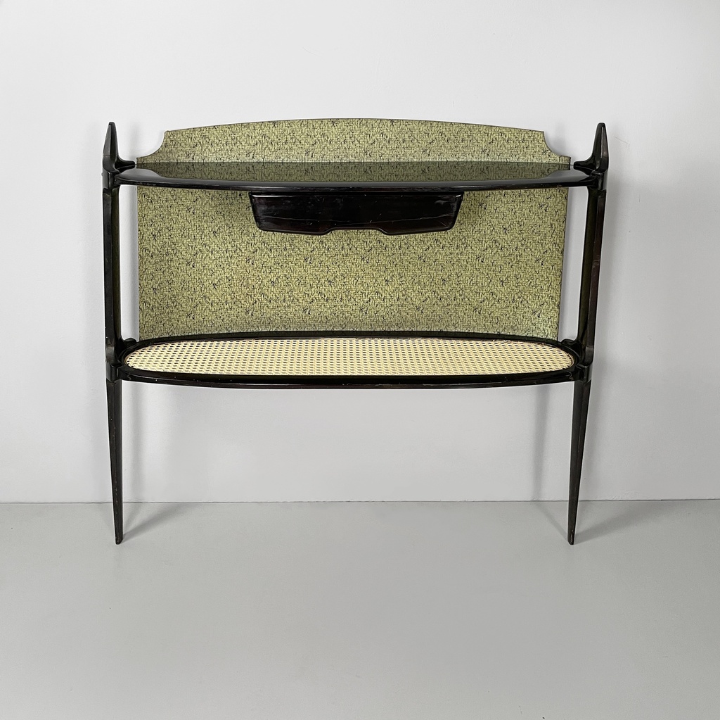 Consolle in legno, tessuto e paglia, 1950 ca.