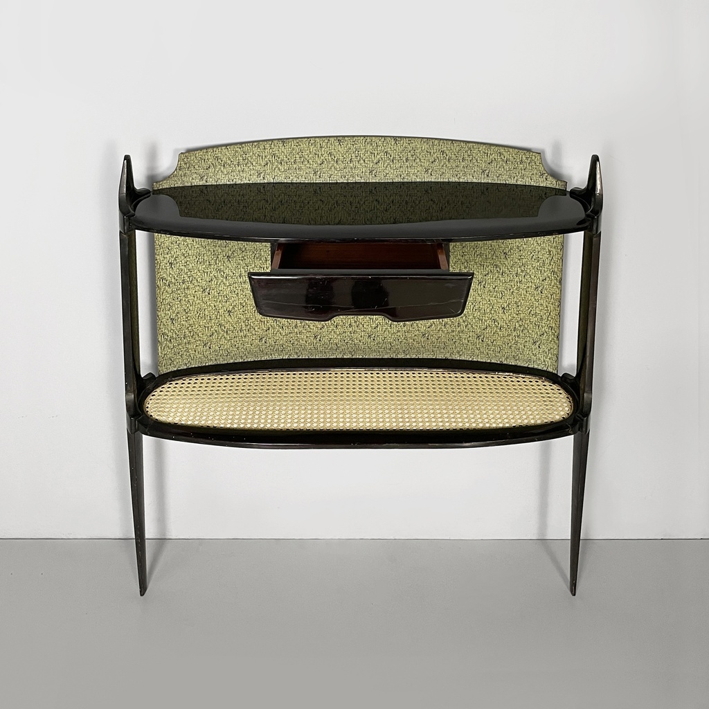 Consolle in legno, tessuto e paglia, 1950 ca.