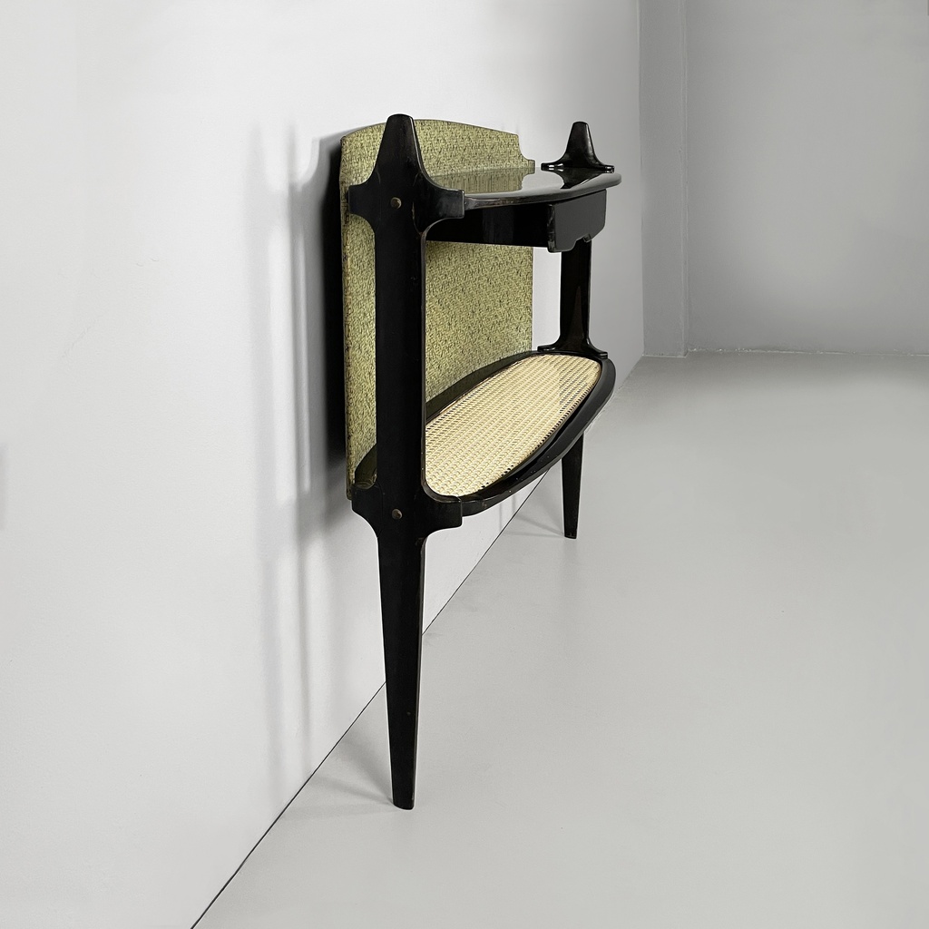 Consolle in legno, tessuto e paglia, 1950 ca.