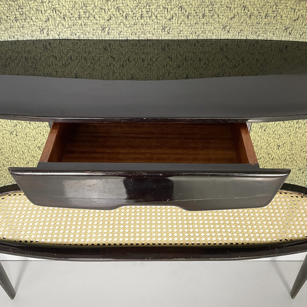 Consolle in legno, tessuto e paglia, 1950 ca.