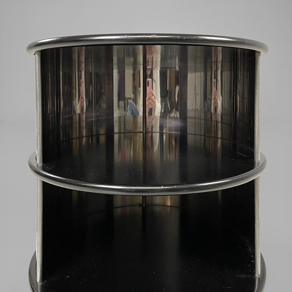 Comodino in acciaio e legno, 1970 ca.