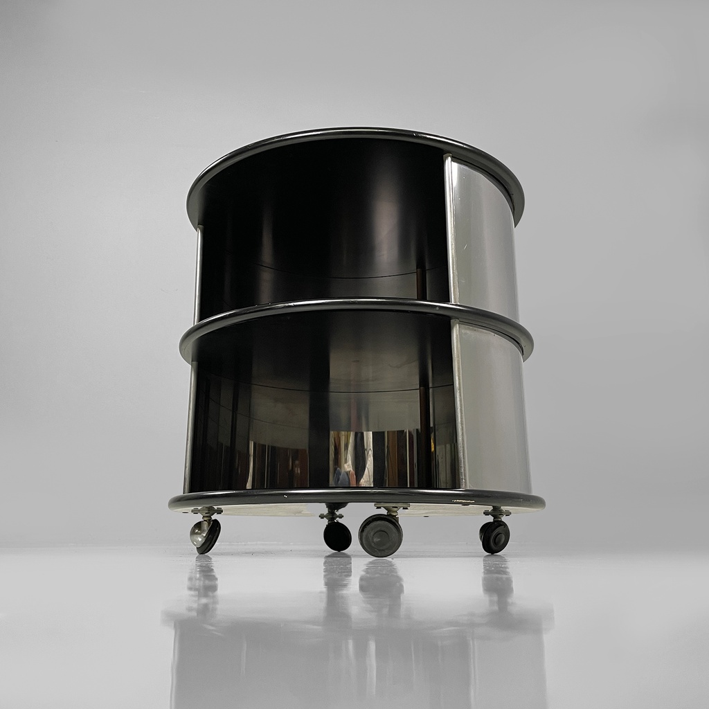 Comodino in acciaio e legno, 1970 ca.