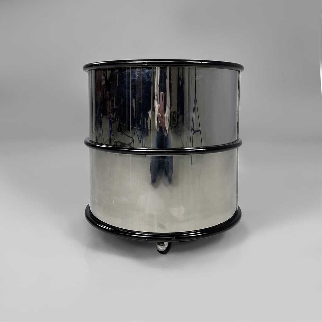 Comodino in acciaio e legno, 1970 ca.