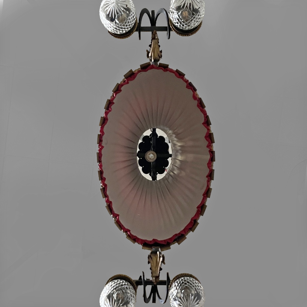 Lampadario in metallo e tessuto rosso, 1940 ca.