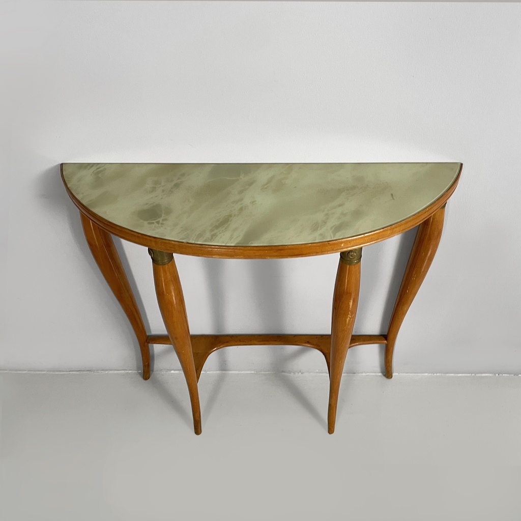 Consolle in legno e vetro retro-dipito vere, 1950 ca.