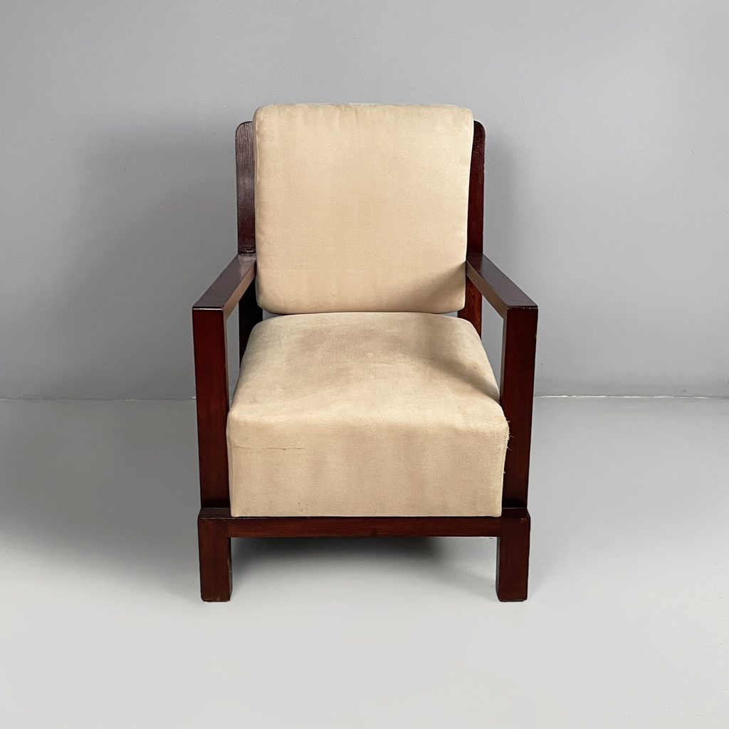 Poltrona in legno e tessuto beige, 1930 ca.