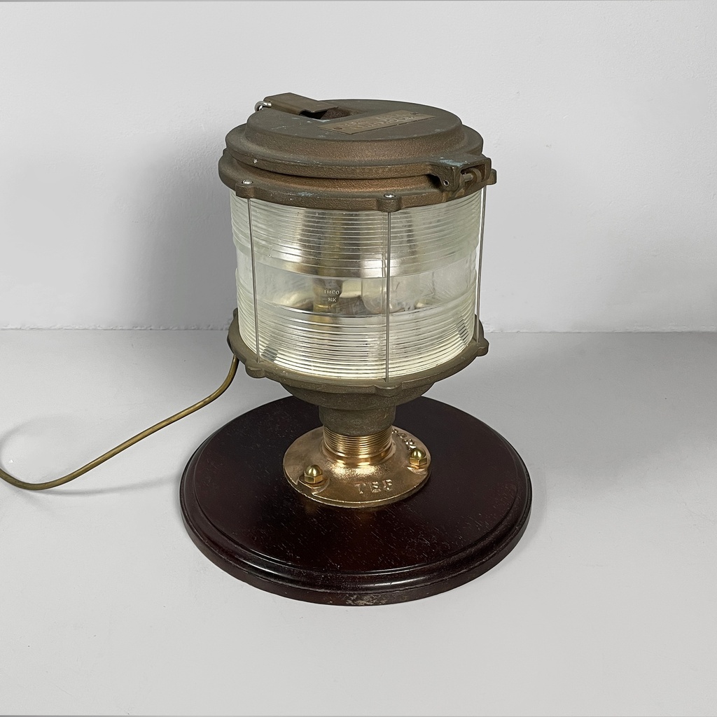 Lampada da nave in legno, vetro e metallo, 1950 ca.