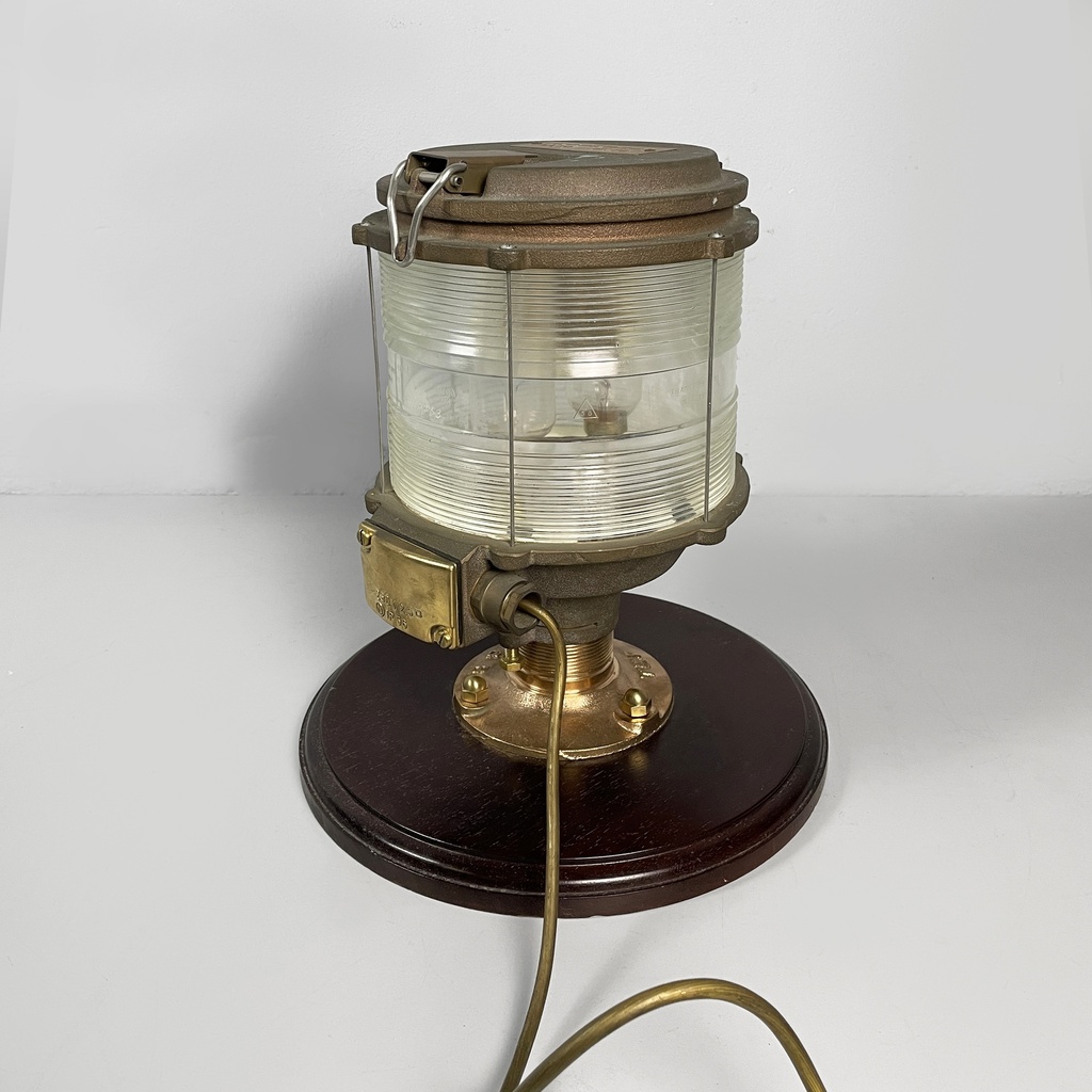 Lampada da nave in legno, vetro e metallo, 1950 ca.