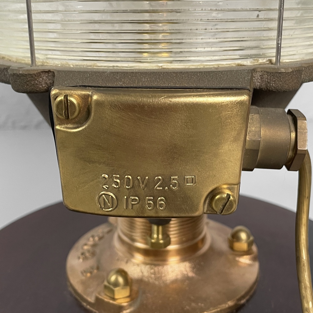 Lampada da nave in legno, vetro e metallo, 1950 ca.