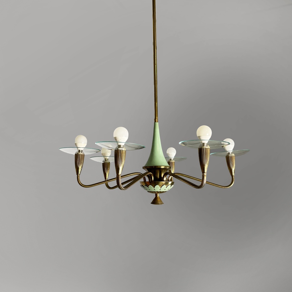 Lampadario in ottone, vetro e metallo verde, 1950 ca. 