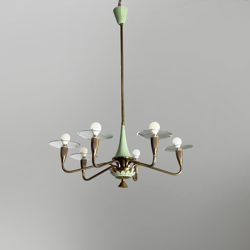 Lampadario in ottone, vetro e metallo verde, 1950 ca. 