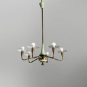 Lampadario in ottone, vetro e metallo verde, 1950 ca. 