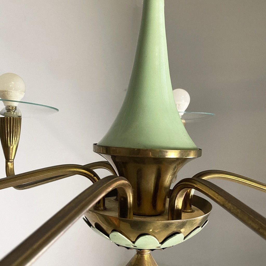 Lampadario in ottone, vetro e metallo verde, 1950 ca. 