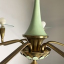 Lampadario in ottone, vetro e metallo verde, 1950 ca. 