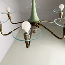Lampadario in ottone, vetro e metallo verde, 1950 ca. 