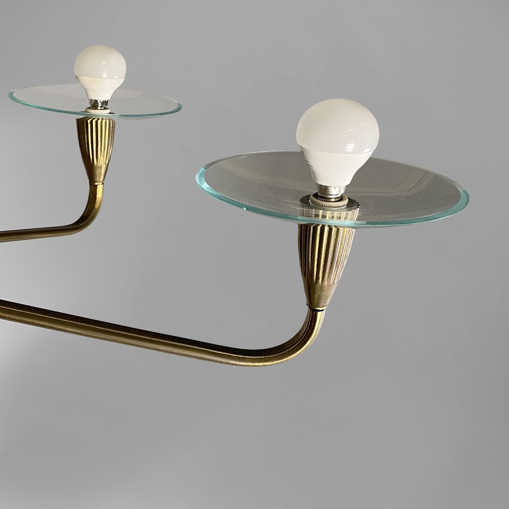 Lampadario in ottone, vetro e metallo verde, 1950 ca. 