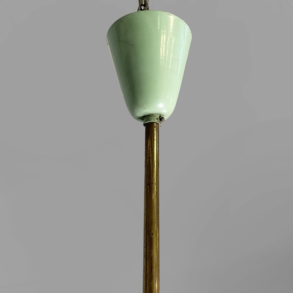 Lampadario in ottone, vetro e metallo verde, 1950 ca. 