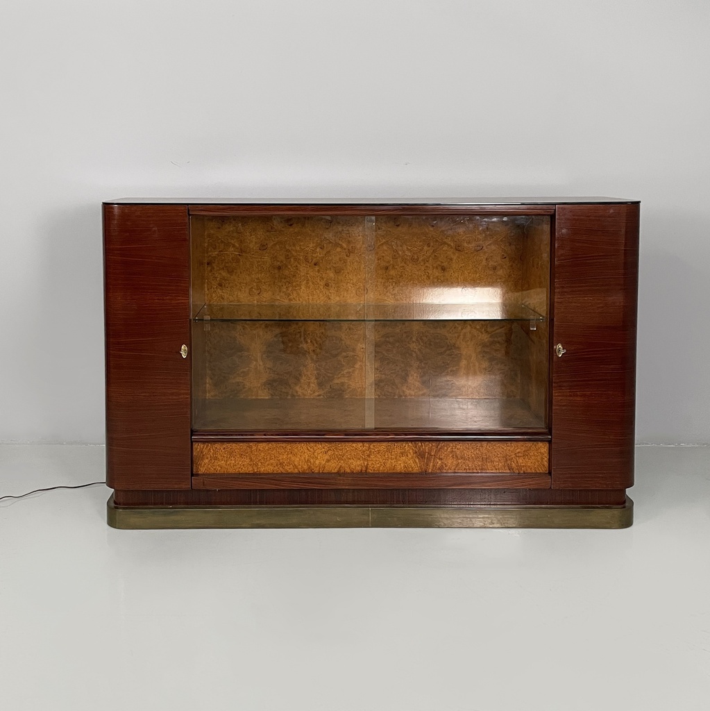 Mobile bar con lampada in legno, vetro e specchio, 1930 ca.