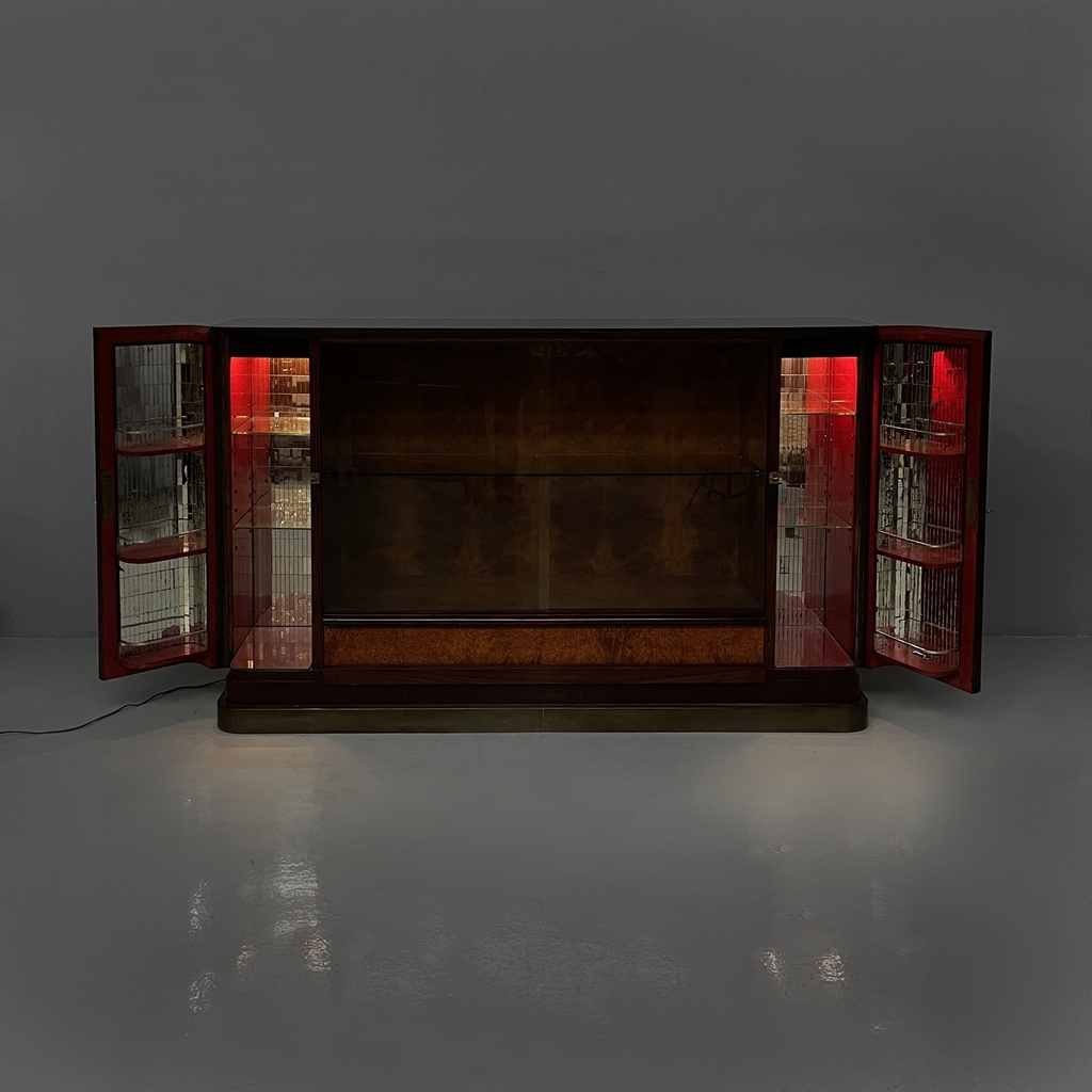 Mobile bar con lampada in legno, vetro e specchio, 1930 ca.