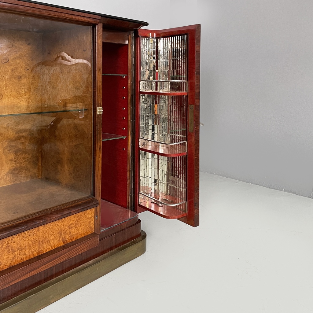 Mobile bar con lampada in legno, vetro e specchio, 1930 ca.