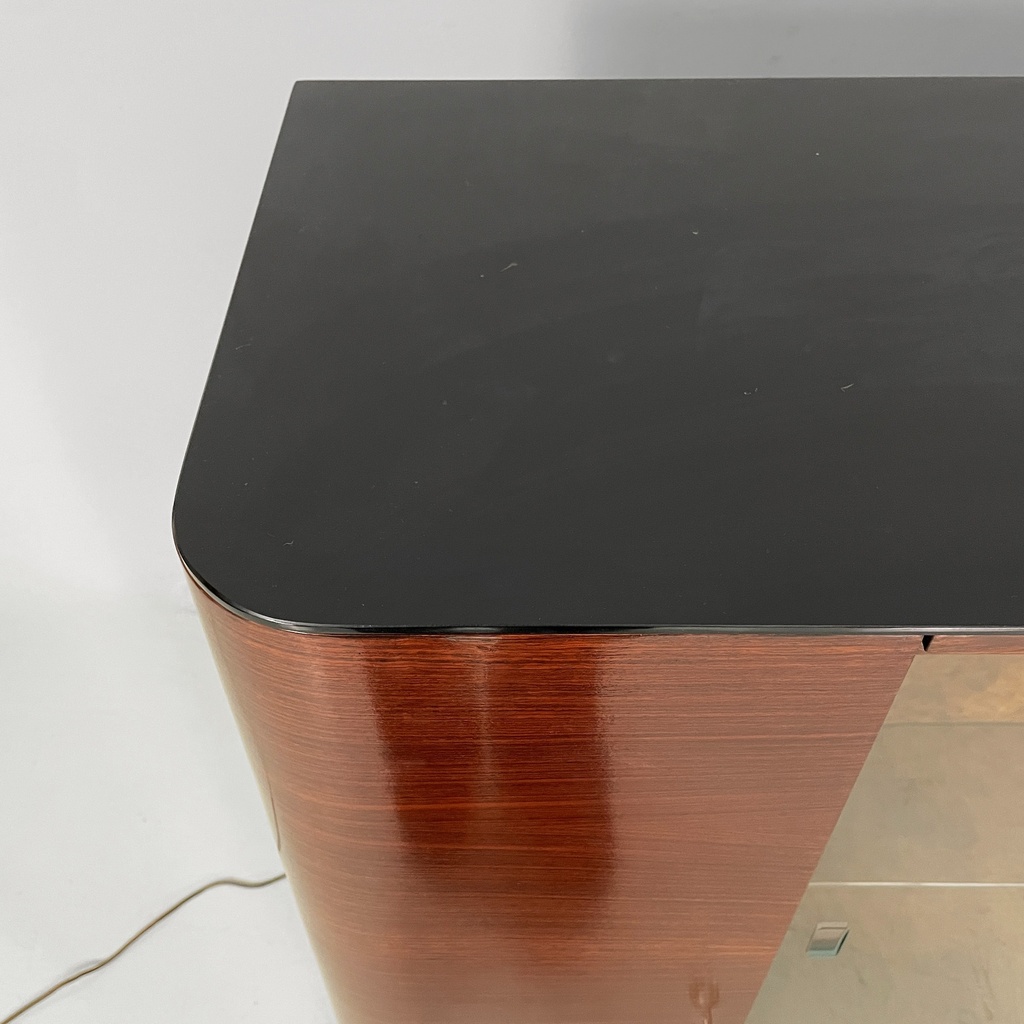 Mobile bar con lampada in legno, vetro e specchio, 1930 ca.