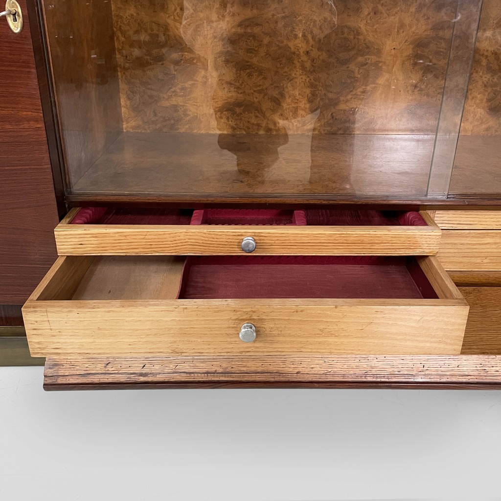 Mobile bar con lampada in legno, vetro e specchio, 1930 ca.