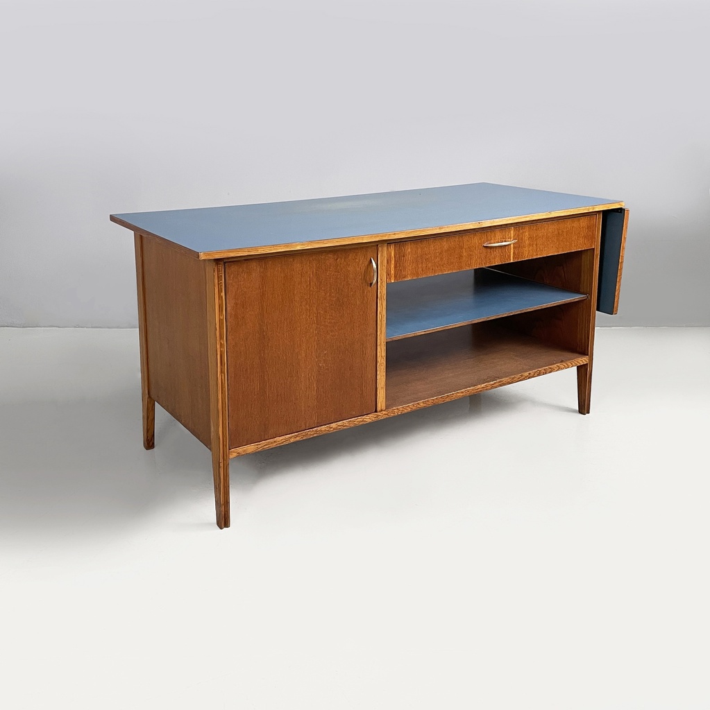 Tavolo da lavoro in legno e formica azzurra, 1960 ca.