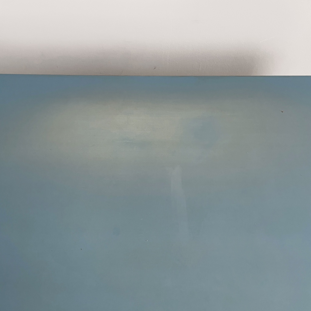 Tavolo da lavoro in legno e formica azzurra, 1960 ca.