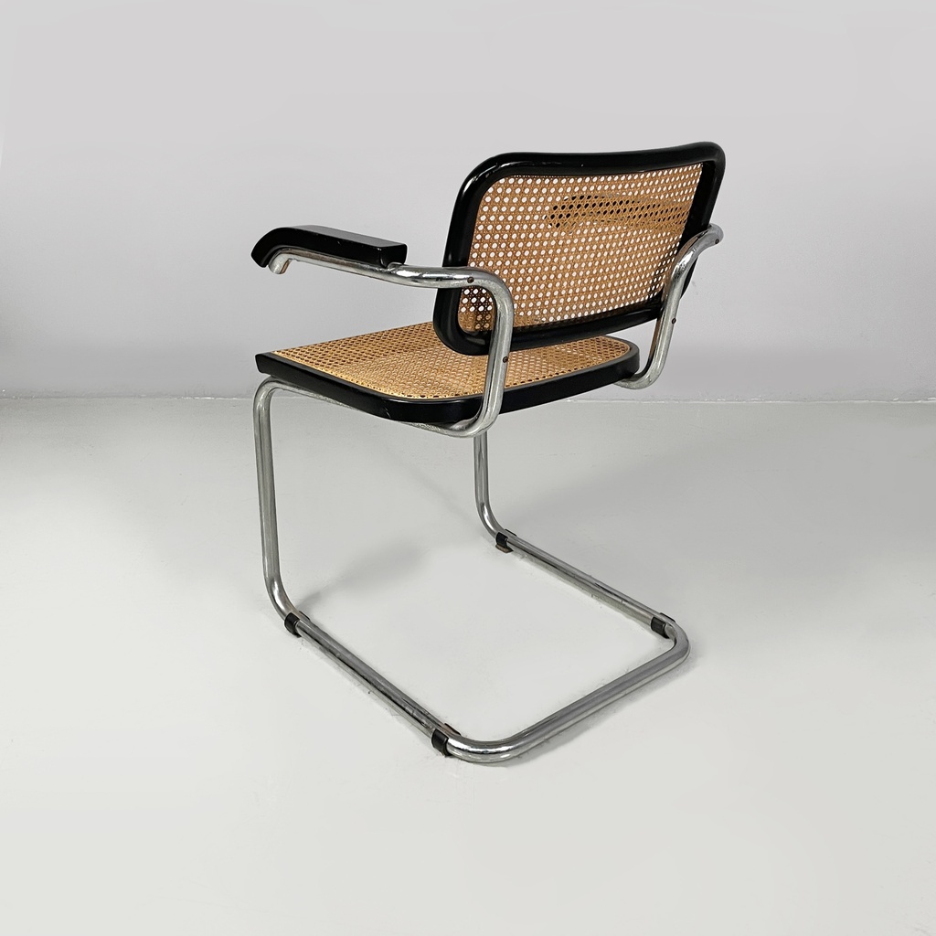 Sedia in paglia, legno nero e acciaio, 1960 ca. 