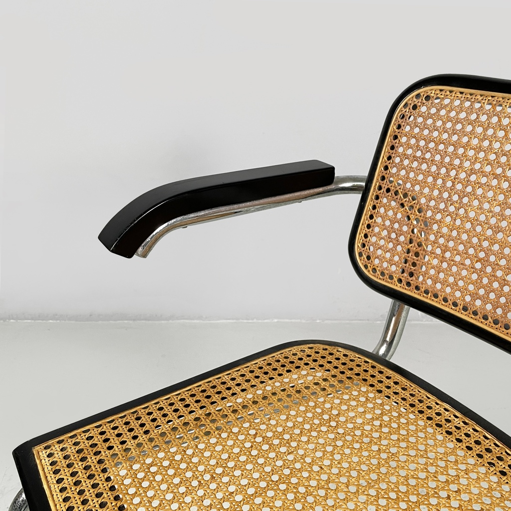 Sedia in paglia, legno nero e acciaio, 1960 ca. 