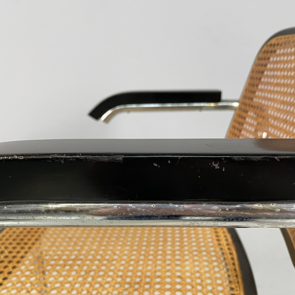 Sedia in paglia, legno nero e acciaio, 1960 ca. 