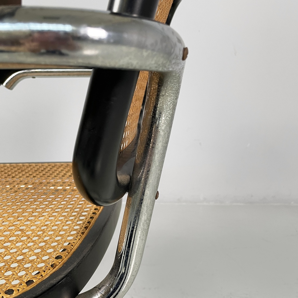 Sedia in paglia, legno nero e acciaio, 1960 ca. 