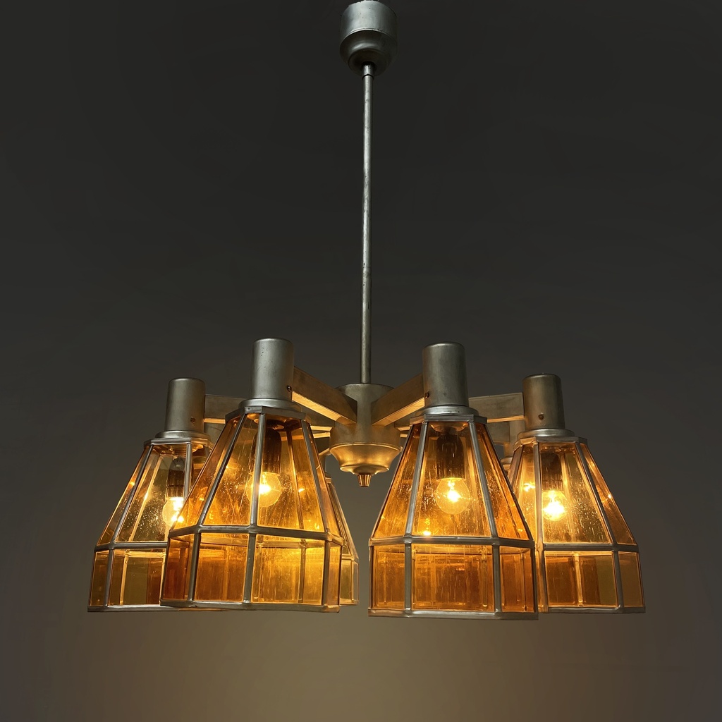 Lampadario in vetro giallo e metallo, 1930 ca.