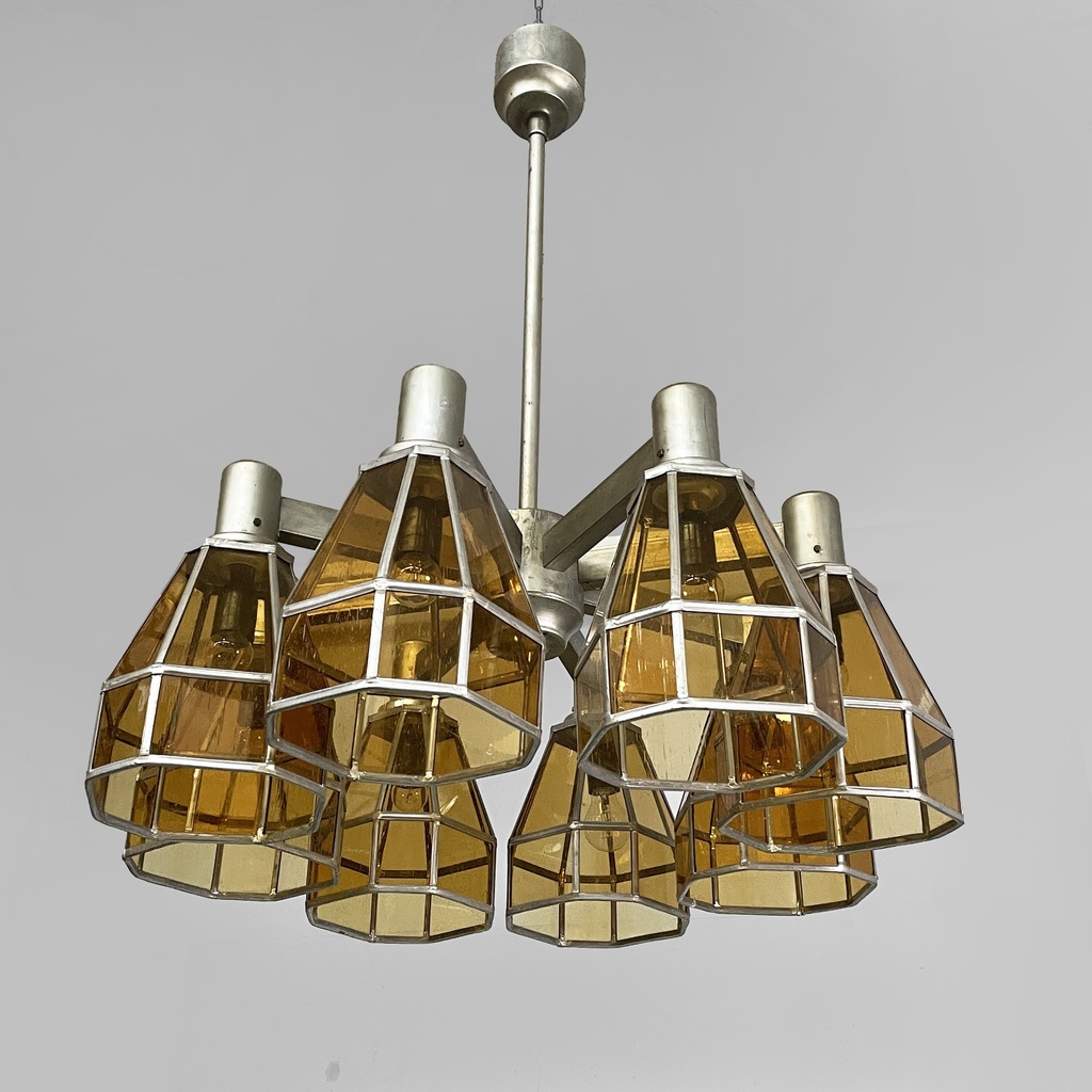 Lampadario in vetro giallo e metallo, 1930 ca.