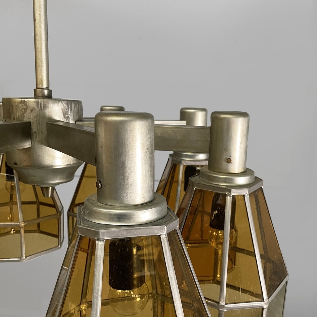 Lampadario in vetro giallo e metallo, 1930 ca.