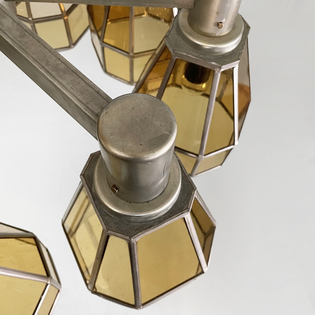 Lampadario in vetro giallo e metallo, 1930 ca.