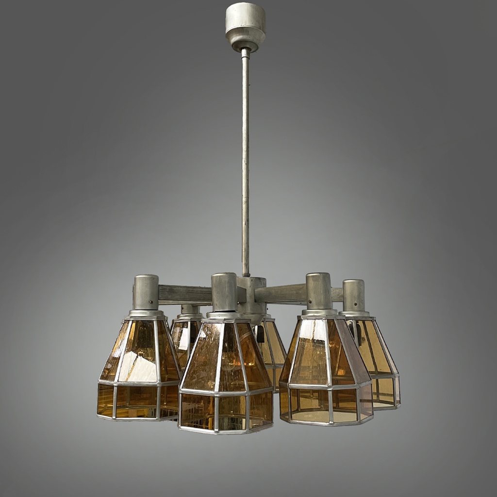 Lampadario in vetro giallo e metallo, 1930 ca.
