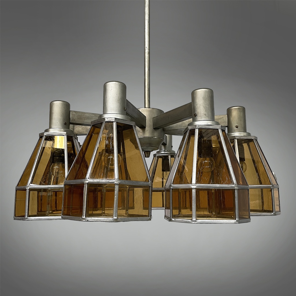 Lampadario in vetro giallo e metallo, 1930 ca.