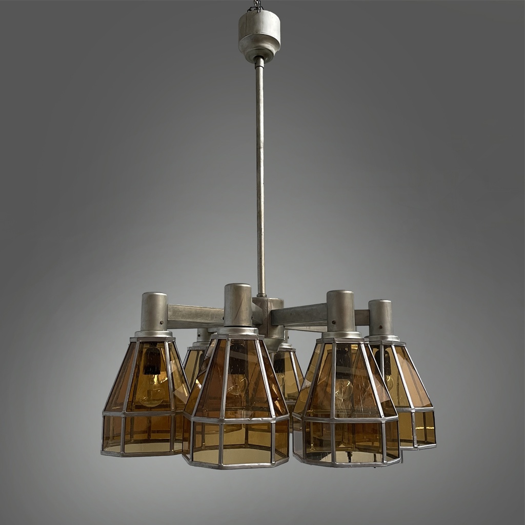 Lampadario in vetro giallo e metallo, 1930 ca.