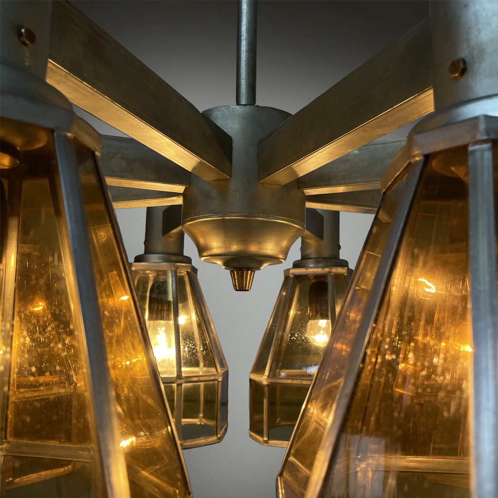 Lampadario in vetro giallo e metallo, 1930 ca.