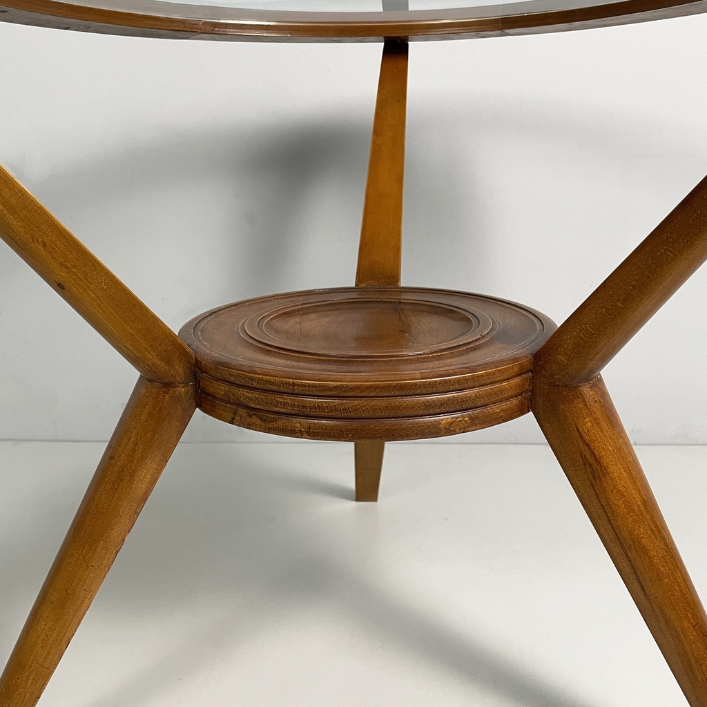 Tavolo da caffè in legno e vetro decorato, 1950 ca.