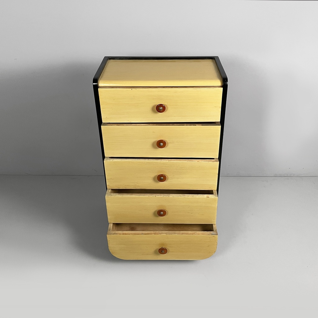 Cassettiera in legno chiaro e nero, 1930 ca.